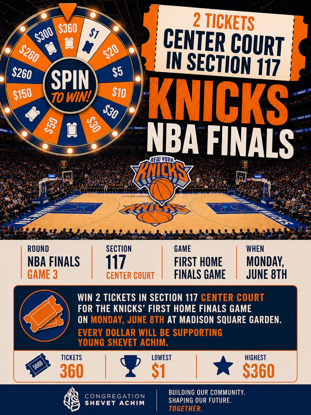 Young Shevet Achim raffle flyer — Win 2 center-court tickets to the Knicks NBA Finals on June 8th at Madison Square Garden